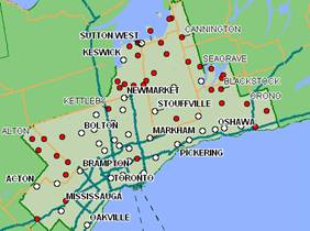 A map of the Greater Toronto Area showing the distribution of broadband access. In general access is concentrated in the urban areas such as Toronto, Markham, and Pickering. Communities further out have less access. 