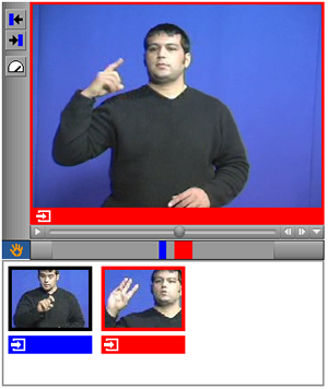 Image of the Signlinking interface. A video of a signer appears in the middle outlined in red. Below the video are the video controls and two thumbnail images.