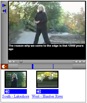 Image of the Storylinking interface. A video of a speaker appears in the middle. Below the video are the video controls and two thumbnail images.